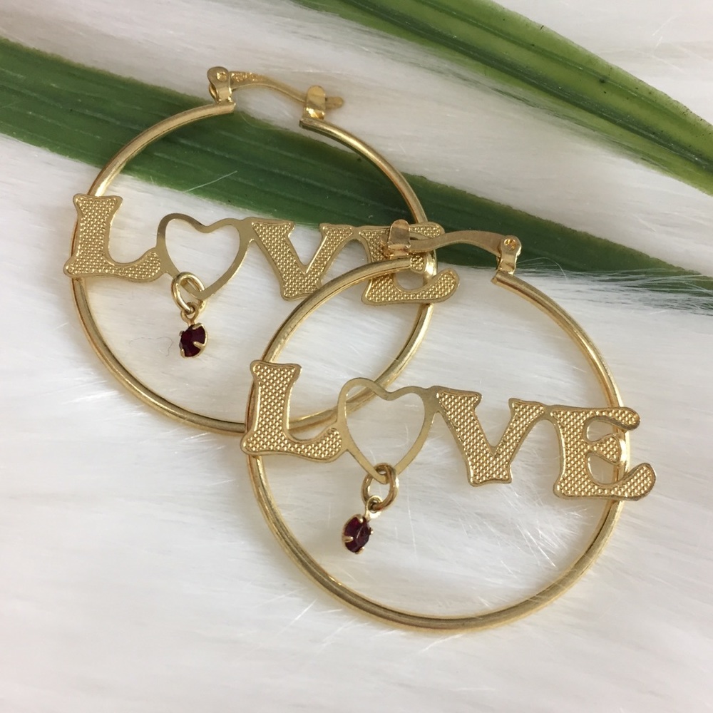 14K Gold filled Round Hoop Earrings LOVE Nameplate With Stone.